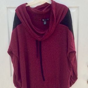 Cowl neck sweater with lace insert on sleeves